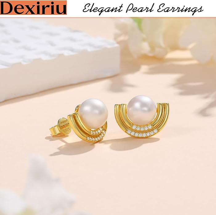 Cultured Freshwater Pearl Stud Earrings, 14K Gold Plated S925 Silver Women Pearl Stud, Gift for Birthday Mothers Day, Christmas, Anniversary