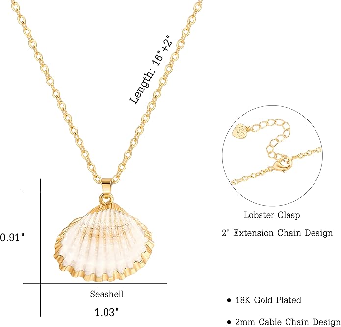 Natural Seashell Shell Scallop Pendant Choker Necklace Adjustable 18K Gold Plated Cable Chain Handmade Jewelry for Women Girls