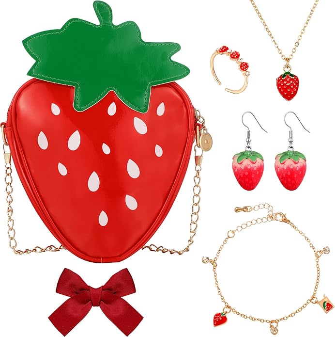 Yingzhao 6 Pieces Strawberry Jewelry Set Strawberry Purse Bag Earrings Red Necklace Bracelet Ring Charm gift for Women Teen Girls