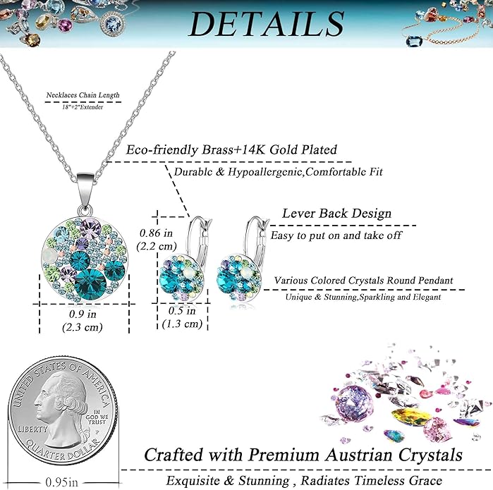 EVEVIC Austrian Crystals Round Disc Pendant Necklace Earrings for Women 14K Gold Plated Hypoallergenic Jewelry Sets
