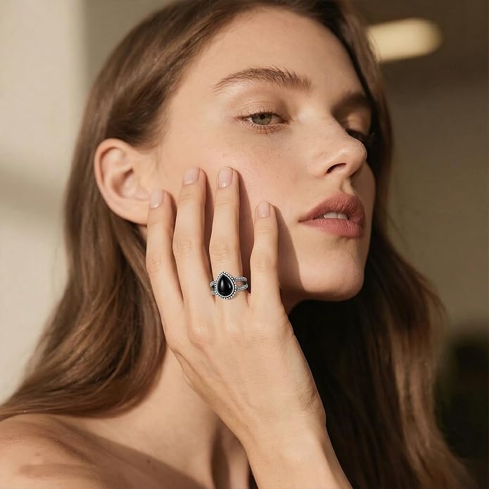 925 Sterling Silver Oxidized Black Onyx Rings for Women - Round & Heart 9mm Onyx Vintage Retro Design, Ideal for Daily Wear