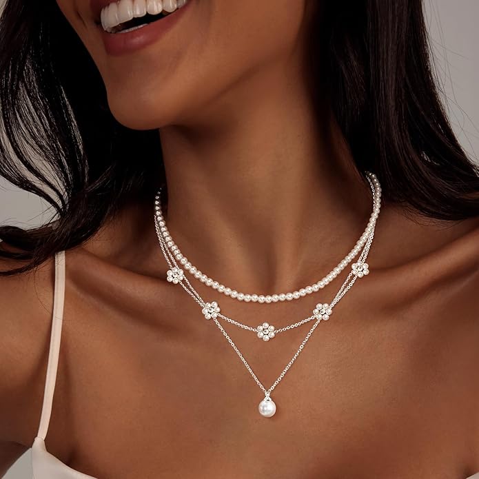 Zeffy Gold Pearl Necklace for Women, Dainty 14K Gold/Silve Plated Layered Pearl Choker Pearl Earrings Pearl Bracelets Wedding Trendy Gold Jewelry Set for Women Gifts