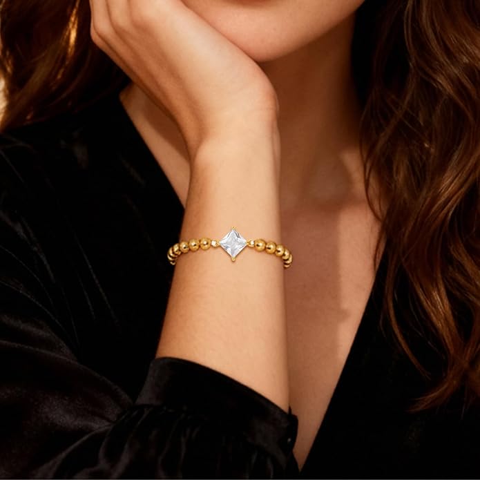 HZDK Gold Bracelets for Women - 14K Gold Plated Beaded Bracelets for Women Gold Jewelry Stackable Charm Bracelet Dainty Stretch Bead Bracelet Christmas Gifts for Her