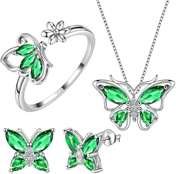 Aurora Tears Butterfly Jewelry,Women 925 Sterling Silver Butterflies Birthstone Pendant Necklace/Earrings/Rings Wedding Gift