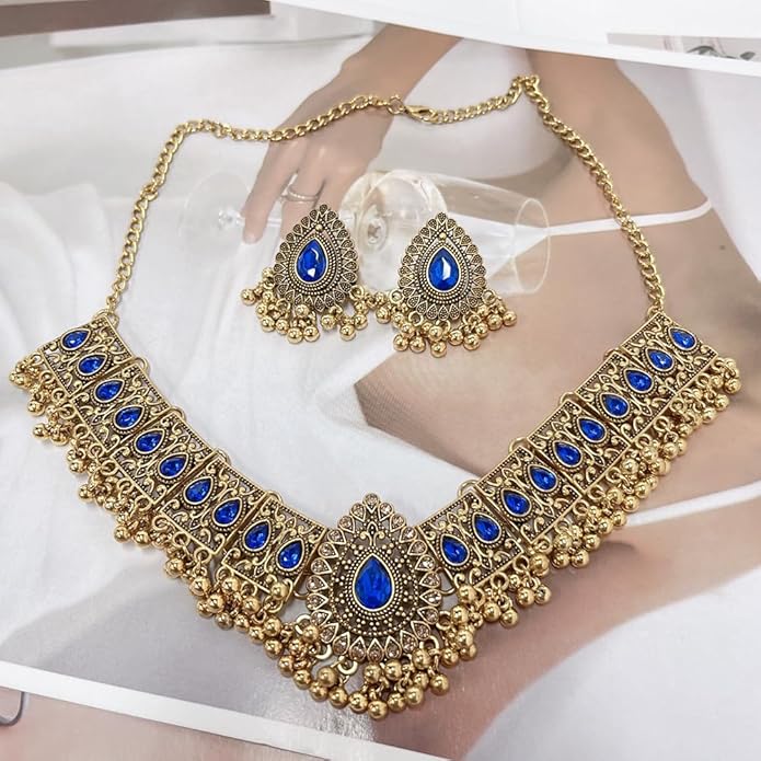 Indian Wedding Bridal Traditional Bohemian Jewellery Set for Women Girls Antique Oxidized Ethnic Party Prom Wear Statement Necklace Earring Tassel Bollywood Choker Punk Crystal Fashion Gift for Bride