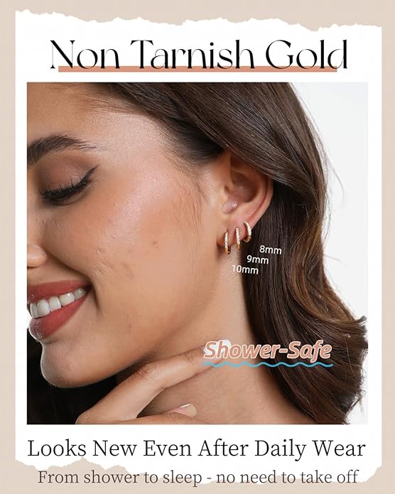 Busy Women's Gold Huggie Earrings Hoops Set — Small Dainty Cubic Zirconia Hoop Earrings 14K Gold Plated, Shower-Safe, Work-Ready, Skin-Friendly, Easy to Stack (3 Pairs)
