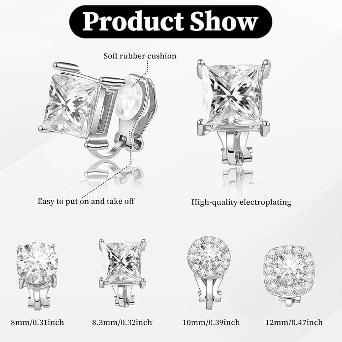 4 Pairs Cubic Zirconia Clip Earrings for Women Dance Competition - Non Pierced Diamond Clip On Earrings studs for Men