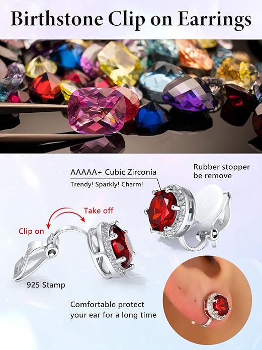 Silvora 925 Silver 8MM Cubic Zirconia Birthstone Clip On Stud Earrings Round Non Pierced Earrings For Women,Come with Box