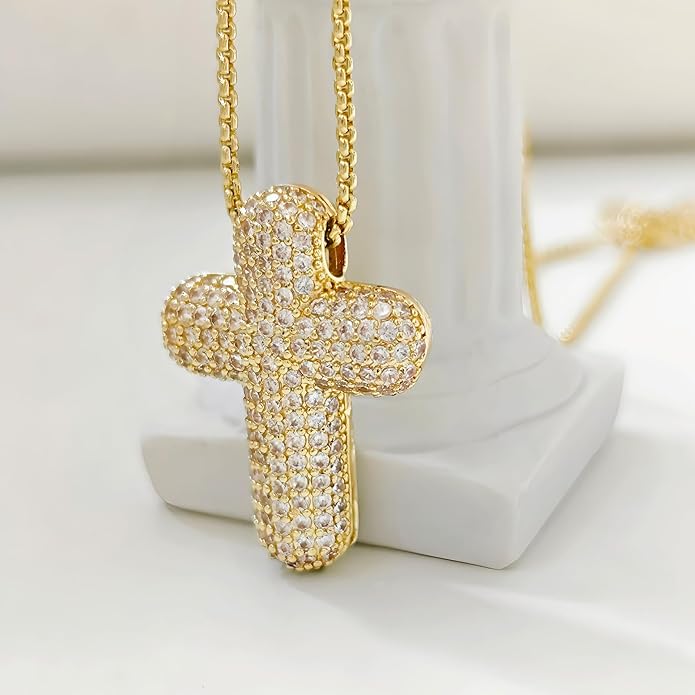 OGD Bubble Cross Necklace for Women 14k Gold Plated Cross Necklace Stackable Dainty Gold Necklace Mariner Chain Necklace CZ Cross Pendant Necklaces Set Simple Jewelry Gift