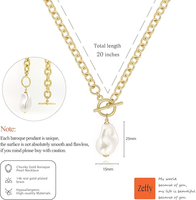 Zeffy 14K Gold/Silver Plated Chunky Thick Chain Toggle Clasp Necklace Dainty Baroque Pearl/Heart/Cross/Turquoise Pendant Necklace