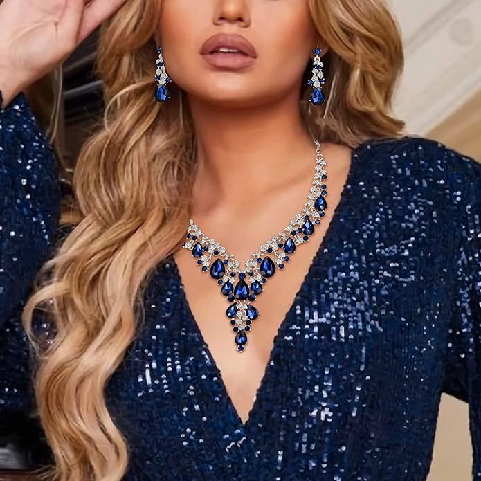 BriLove Women's Wedding Bridal Austrian Crystal Teardrop Flower Cluster Statement Necklace Dangle Earrings Jewelry Set for Party Prom