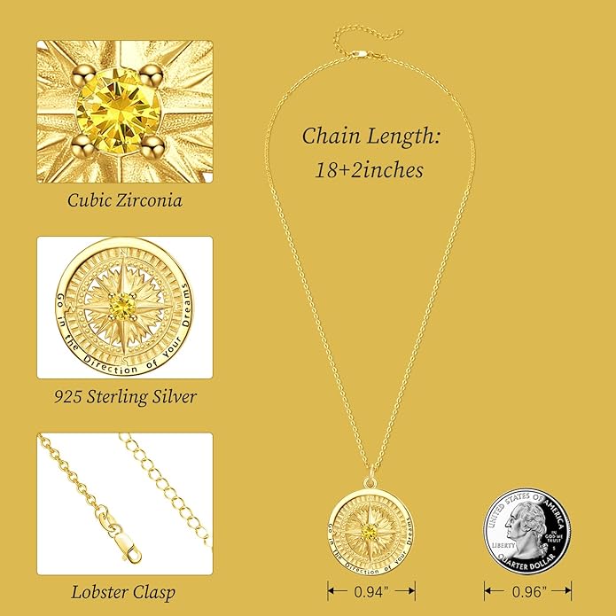 KINGWHYTE Graduation Gifts Birthstone Necklace for Women 925 Sterling Silver Compass Pendant Go in the Direction of your Dream Travel Jewelry Birthday Gift for Her