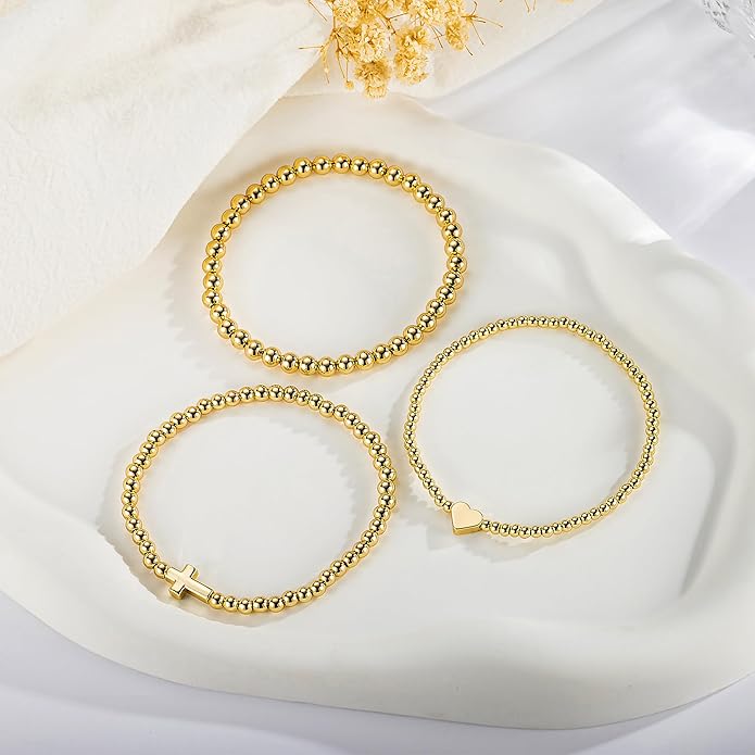 Turandoss Gold Bracelets for Women - Dainty 14K Gold Plated Bow Cross Beaded Bracelets for Women Stackable Heart Bead Bracelet Set Wave CZ Round Ball Bracelet Valentine's Day Gifts for Her