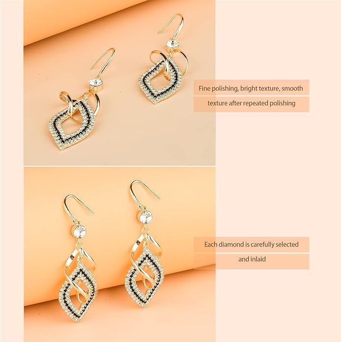 Dangle Earrings for Women, 925 Sterling Silver Handmade Linear Swirl Wire Bohemian Boho 14K Gold Diamonds Earrings Hypoallergenic Fashion Jewelry Gifts for women