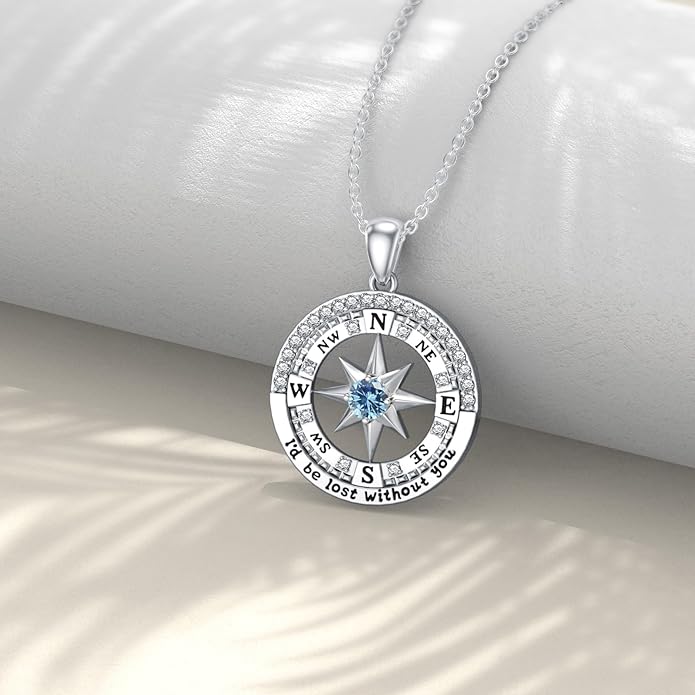 Compass Birthstone Necklace Gift for 2025 Graduation 925 Sterling Silver Compass ‘I'd be Lost Without You’ Pendant Necklaces Jewelry for Women Her Wife Gift for Birthday Anniversary