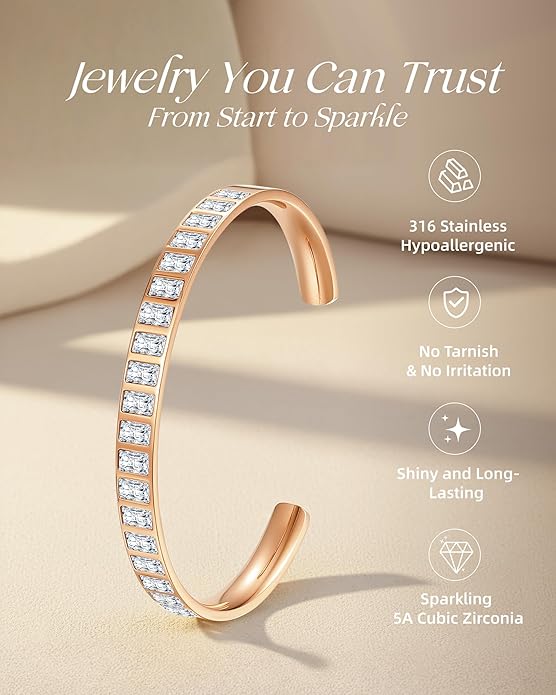 Rose Gold Plated Bracelets for Women, 5A Sparkling Square Cubic Zirconia Waterproof Never Tarnish Bangle Bracelet Jewelry, Equipped with Gift Box, Valentines Mother's Day Birthday Christmas Gifts for Women