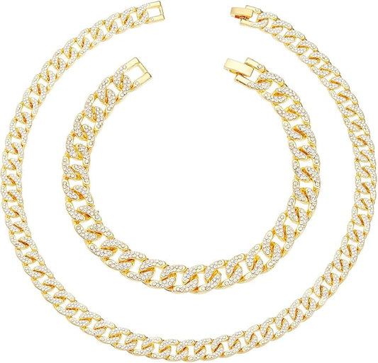HH BLING EMPIRE 14k Gold/Silver Cuban Link Chain for Women Iced Out Diamond Chunky Cuban Link Necklace Chain Bracelet 2pcs Sets