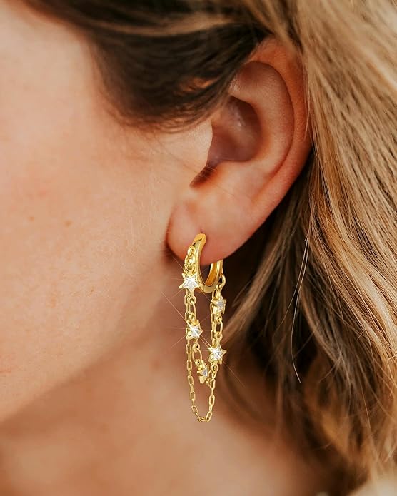 Tassel Chain Small Gold Hoop Dangle Earring For Women Huggie Earring Heart Star CZ 14K Gold Plated Fashion Jewelry Friendship Gift