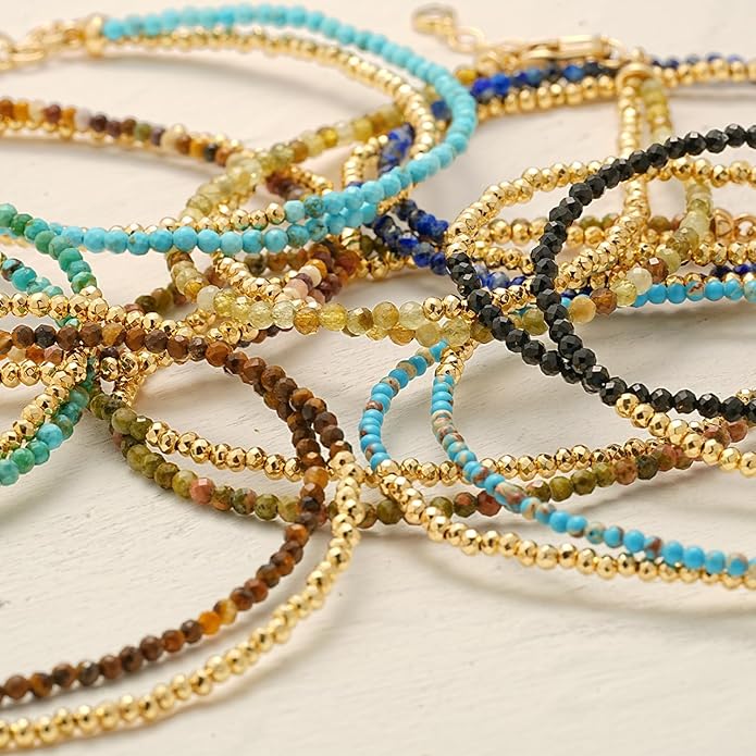 MYEARS Women Beaded Bracelet Gold Double Layer Gemstone 14K Simple Dainty Handmade Chain Everyday Boho Beach Jewelry