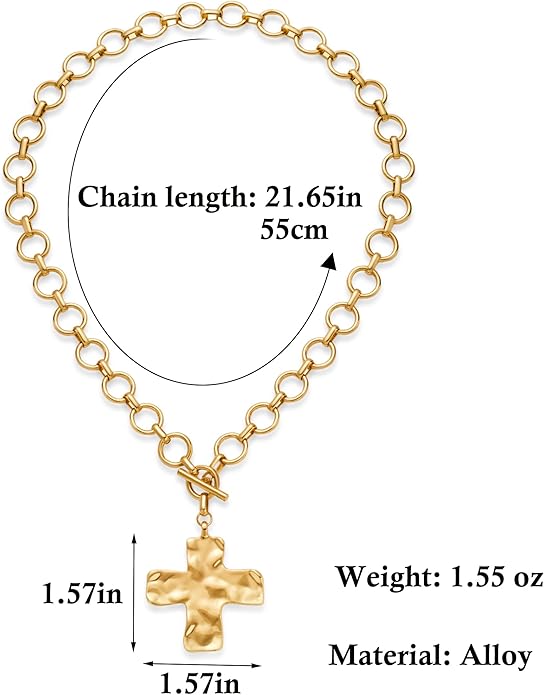 18k Gold Chunky Cross Necklace for Women Hammered Cross Choker Necklaces Bold Statement Necklace Trendy Jewelry