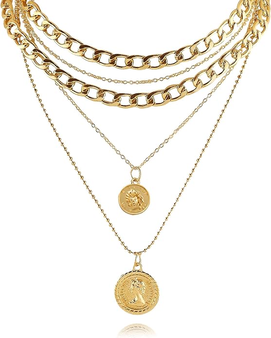 Pirate Necklace Chunky Gold Necklace for Women vintage Pirate Coin Pendant Necklace Fashion Chunky Chain Choker Necklaces Pirate Costume Women Men Jewellery