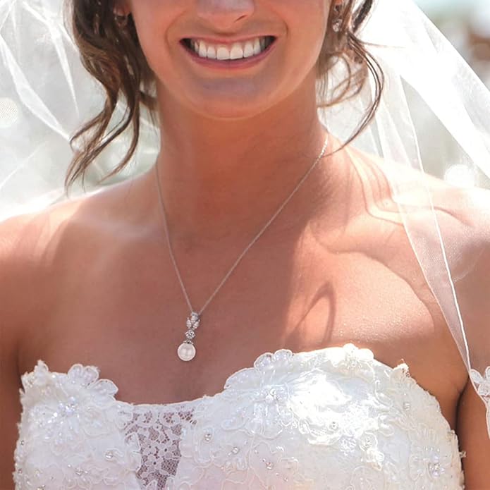 Wedding Jewelry for Bride Bridesmaid, Pearl Dangle Earrings and Pendant Necklace Set Bridal Jewelry for Promise Wedding Party