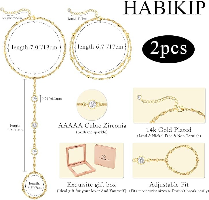 Valentine Gift 14K Gold Plated Hand Chain Bracelet for Women Trendy, 2 Pcs Stackable Gold/Silver Finger Ring Bracelet Hand Chain Dainty Non Tarnish Waterproof Set Jewelry Adjustable 7'+2