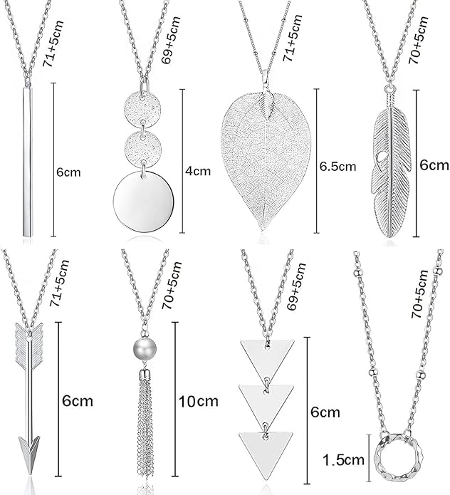 Long Necklaces for Women - Fashion Pendant Necklace Jewelry, Silver Bar Feather Circle Leaf Lock Tassel Y Necklace Jewelry Set for Girls