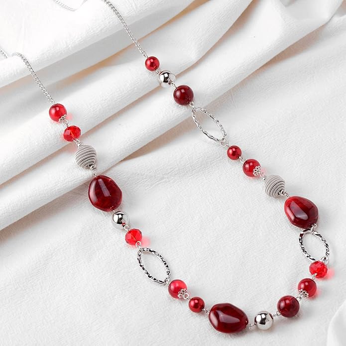 BULINLIN Beaded Long Necklace for Women Silver Sweater Chain Necklace with Crystal Resin Beads, Fashion Jewelry Necklace