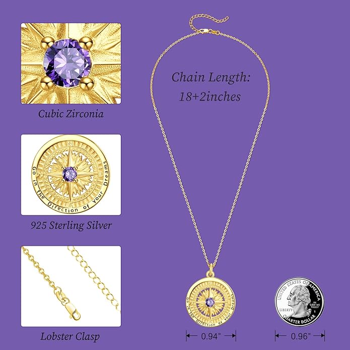 KINGWHYTE Graduation Gifts Birthstone Necklace for Women 925 Sterling Silver Compass Pendant Go in the Direction of your Dream Travel Jewelry Birthday Gift for Her