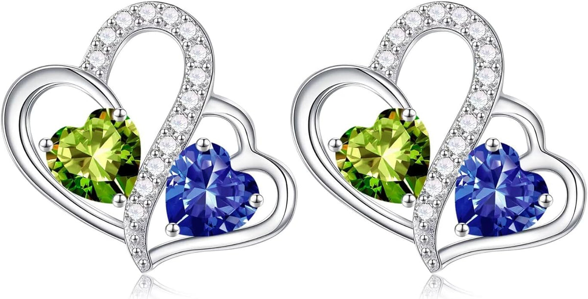 Iefil Valentines Day Gifts for Her - Birthstone Earrings Gift for Women, 925 Sterling Silver Double Heart Birthstone Earrings | Anniversary Birthday Gifts for Women, Personalized Jewelry for Wife Mom