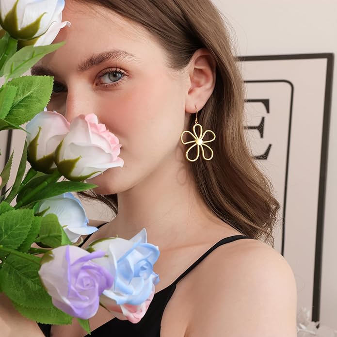 Gold Flower Statement Earrings for Women, Large Chunky Bohomian Summer Beach Floral Earring, Irregular Bold Exaggerated Earrings