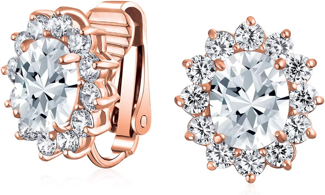 Traditional Classic Bridal Simulated Gemstones Cubic Zirconia AAA CZ Halo Crown Oval Stud Clip On Earrings For Women Wedding Non Pierced Ears Rose Gold Silver Plated