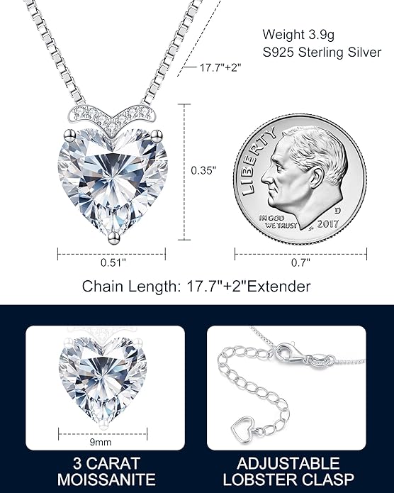 Forever Love Heart Pendant Necklaces for Women, 2-5 Carat Heartshape Moissanite Sterling Silver Pendant Jewelry, Ideal Anniversary Present or Birthday Gifts for Wife Her Girlfriend Mom Daughter