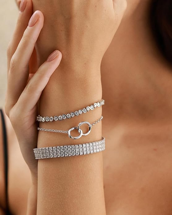 FANCIME Moissanite Tennis Bracelet 11.88 Carats 3-Row 925 Sterling Silver Tennis Bracelet 2.5 mm D Color VVS1 Round Cut Moissanite Bracelet for Women 7.5"