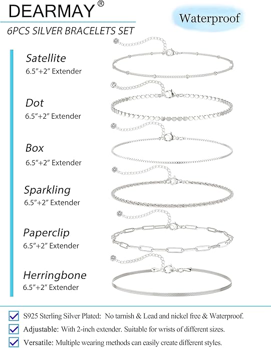 DEARMAY Dainty Silver Plated Bracelets for Women Trendy, Silver Jewelry Set for Women Bracelets for Women Paperclip Box Herringbone Figaro Rope Chain Bracelet Fashion Pack Gifts for Women