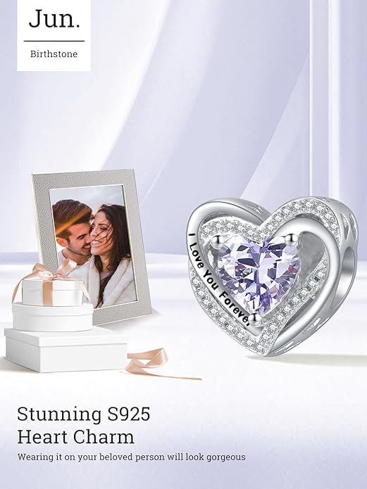 Heart Birthstone Charms for Bracelets, 925 Sterling Silver Women Bead Charms for Charm Bracelets Necklace, Mother's Day Birthday Anniversary Jewelry Gifts for Wife Mom Grandma Daughter