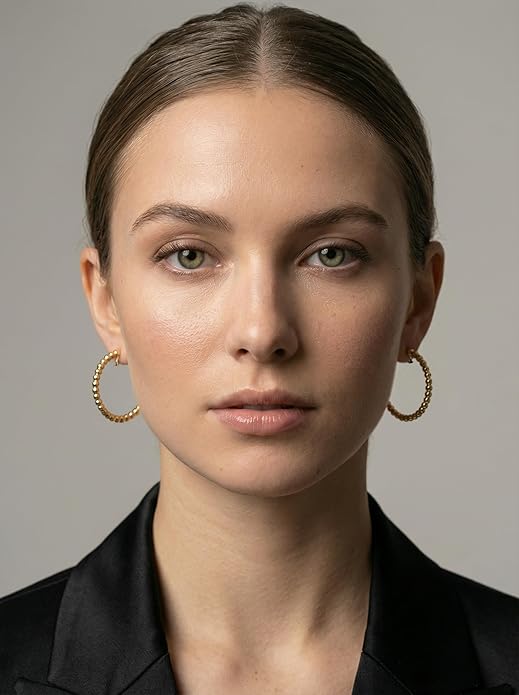 FAN&LOUIS 24K Gold Plated Hoop Clip On Earrings for Women, Gold Beaded Hoop Trendy Hypoallergenic Non Pierced Earrings Painless Lightweight 38mm Clip-On Earrings