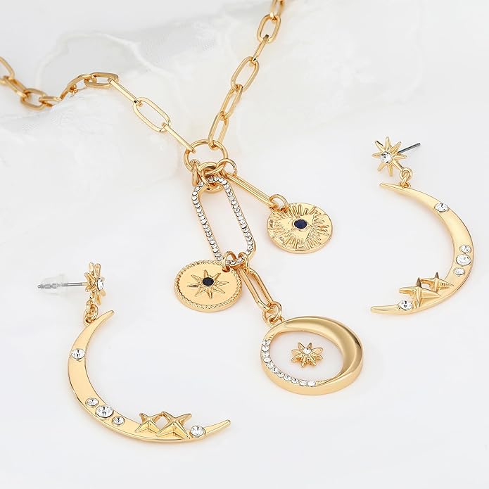 MISS RIGHT Dainty Gold Evil Eye Hamsa Hand Coin Lucky Charm Pendant Necklace for Women Trendy Vintage Paperclip Chain Sun Moon Clover Flower Chunky Charm Necklace Jewelry Gifts