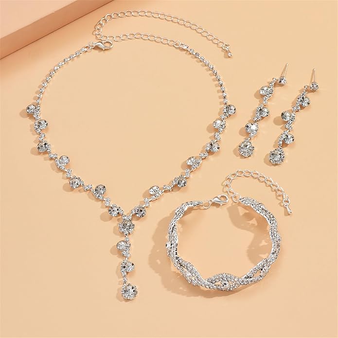 PINK TOWN Vintage Rhinestone Bridal Jewelry Sets,Crystal Wedding Prom Earrings Necklace Bracelet Set Fashion Zircon Bride Jewelry Dress Accessories for Women
