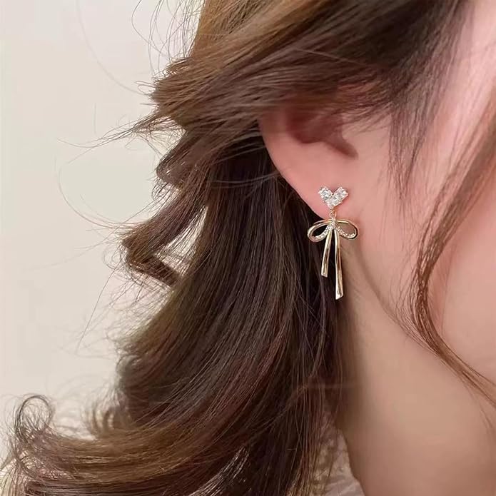 Dainty Brass Bow Dangle Earrings for Women,14K Gold Plated Brass Elegance Love Heart Cubic Zirconian Bowknot Earrings for Prom Wedding Brides