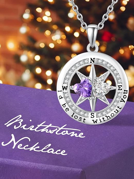 Compass Necklace for Women, Exquisite S925 Valentines Day Anniversary Birthday Gifts for Wife Her Double Birthstone Pendant Jewelry ‘I'd be Lost Without You’