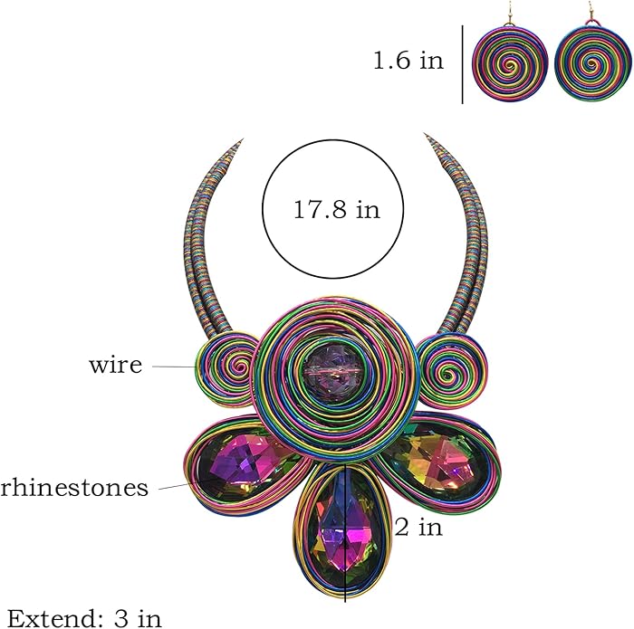 Statement African Necklace For Women African Jewelry Costume Earring Sets Tribal Fashion Colorful Big Rhinestone Crystal Pendent Collar Choker Bold Chunky Bib Handmade
