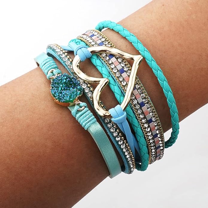 Suyi Multilayer Leather Wrap Bracelet Heart-Shape Wide Cuff Bracelets for Women