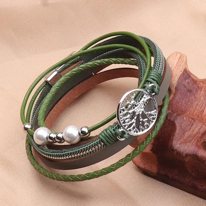 KSQS Tree of Life Leather Multi-Layer Wraps Bracelet,Boho Wide Buckle Wristband Bangle,Braided Cuff Bracelets for Women
