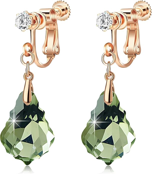 Austrian Crystal Baroque Drop Clip On Dangle Earrings for Women Non Pierced 14K Rose Gold Plated Hypoallergenic Jewelry