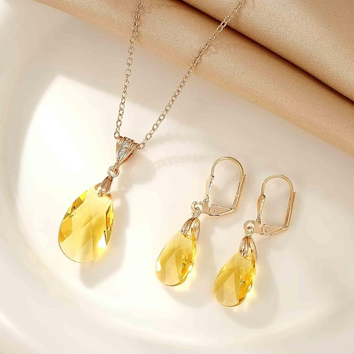 EVEVIC Austrian Crystals Teardrop Pendant Necklace Earrings for Women 14K Gold Plated Hypoallergenic Leverback Drop Dangle Earrings Jewelry Set