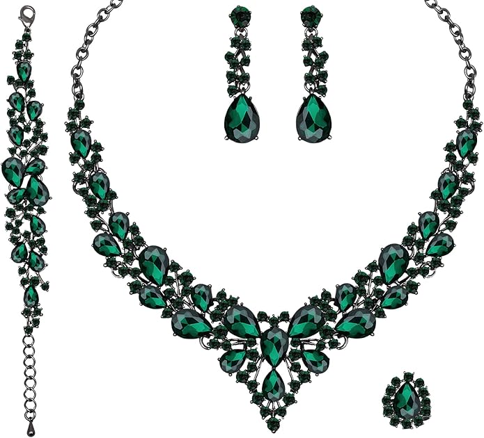 CSY 4 Pcs/Set Austrian Crystal Necklace Earrings Bracelet Ring Bridal Jewelry Sets for Brides Wedding Party Costume Accessories Gifts for Women
