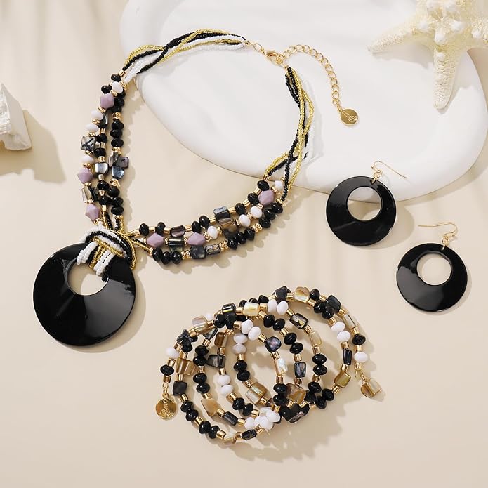 Jewelry Sets for Women 4 Pcs Chunky Beaded Mrs Roper Costume Jewelry for Women Boho Multi Strand Colorful Shell Necklace for Women