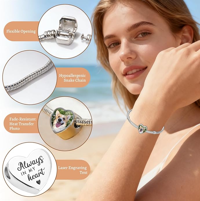 WBW Custom Photo Charm Bracelet for Women Personalized Picture Bracelet with Cute Heart Pendant Customizable Jewelry Chain Name Date Text Valentine‘s Day Gift for Her Girlfriend Wife
